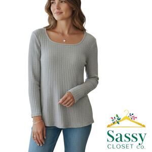 Gray Ribbed Long Sleeve Scoop Neck Soft Stretch Sweater XL EUC